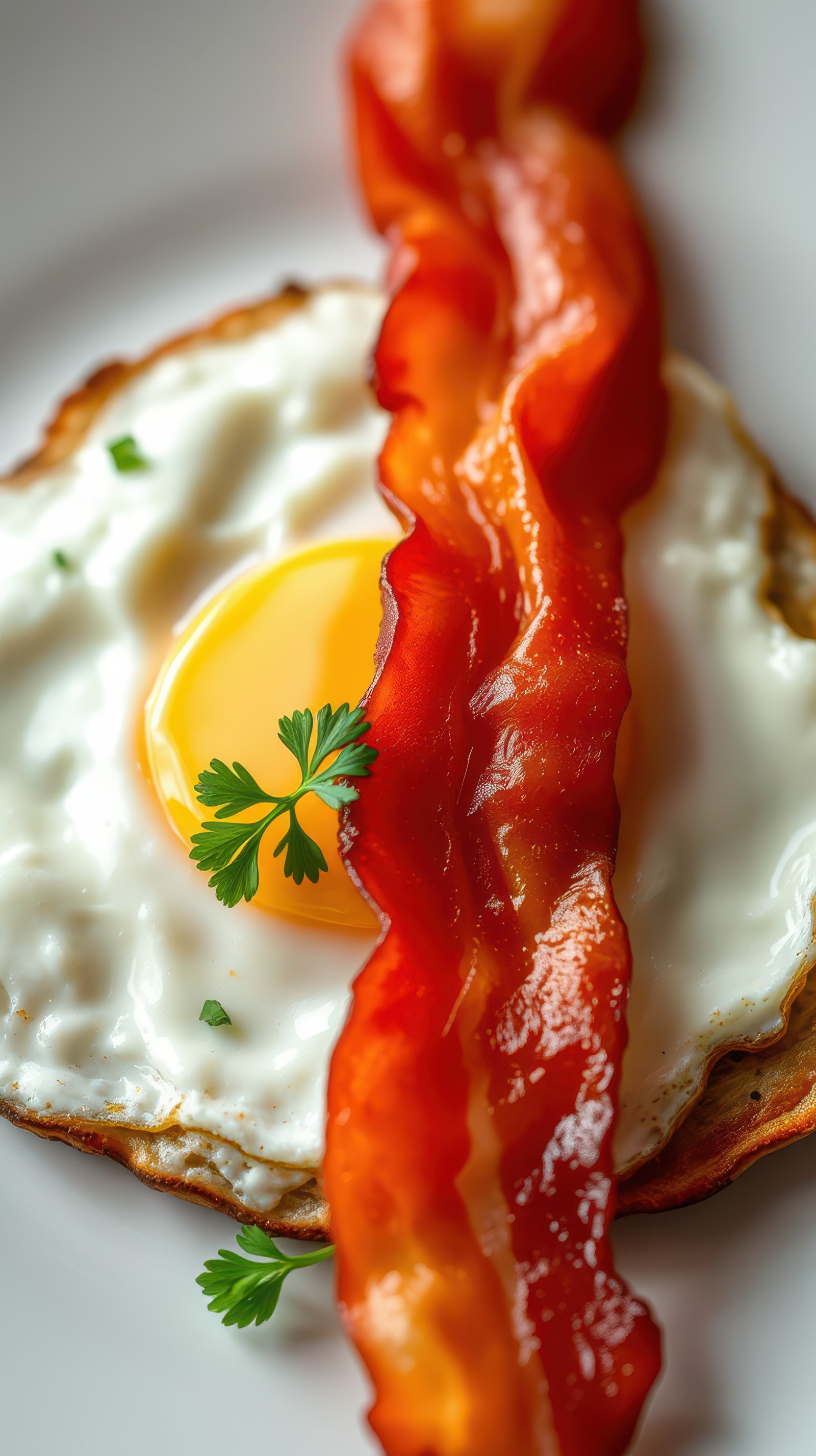 Delicious breakfast featuring a perfectly cooked egg and crispy bacon on a plate with fresh herbs